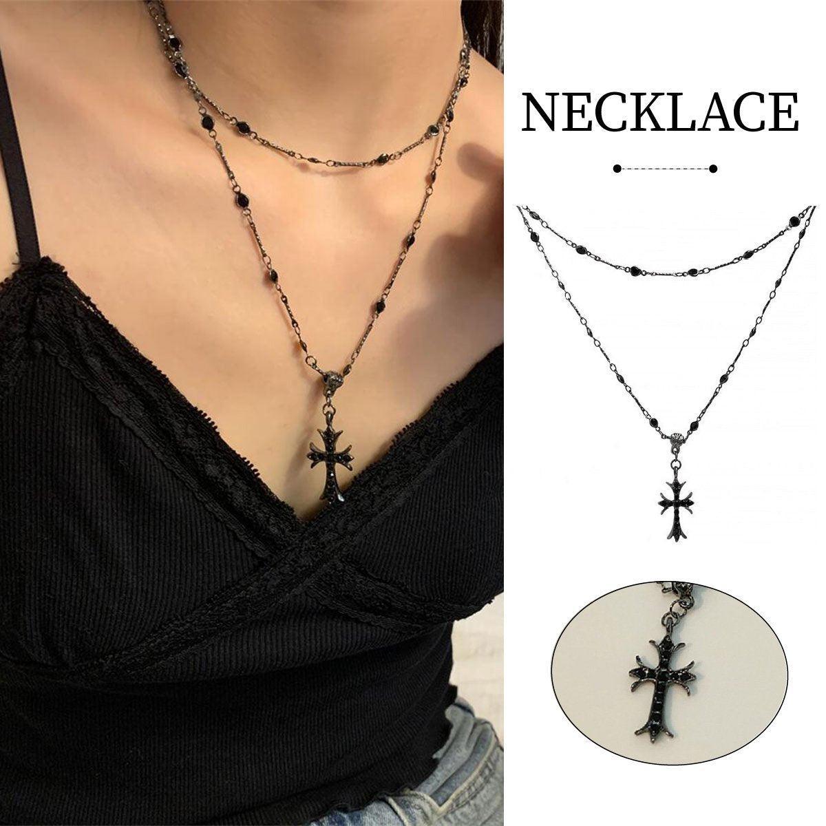 V528-PENDANT-CROSS-434035-202509291645-00 Women Fashion Double Layer Cross Pendant Necklace Retro Casual Sweater Chain - Image 1