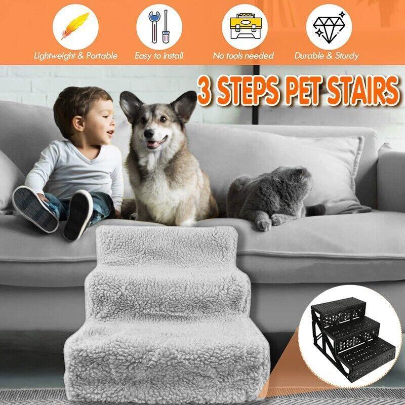 V528-PETSTAIRS-GREY-71620-202509251215-00 3 Steps Pet Stairs with Soft Cover for Small Dogs and Cats Portable Climbing Ramp - Image 1