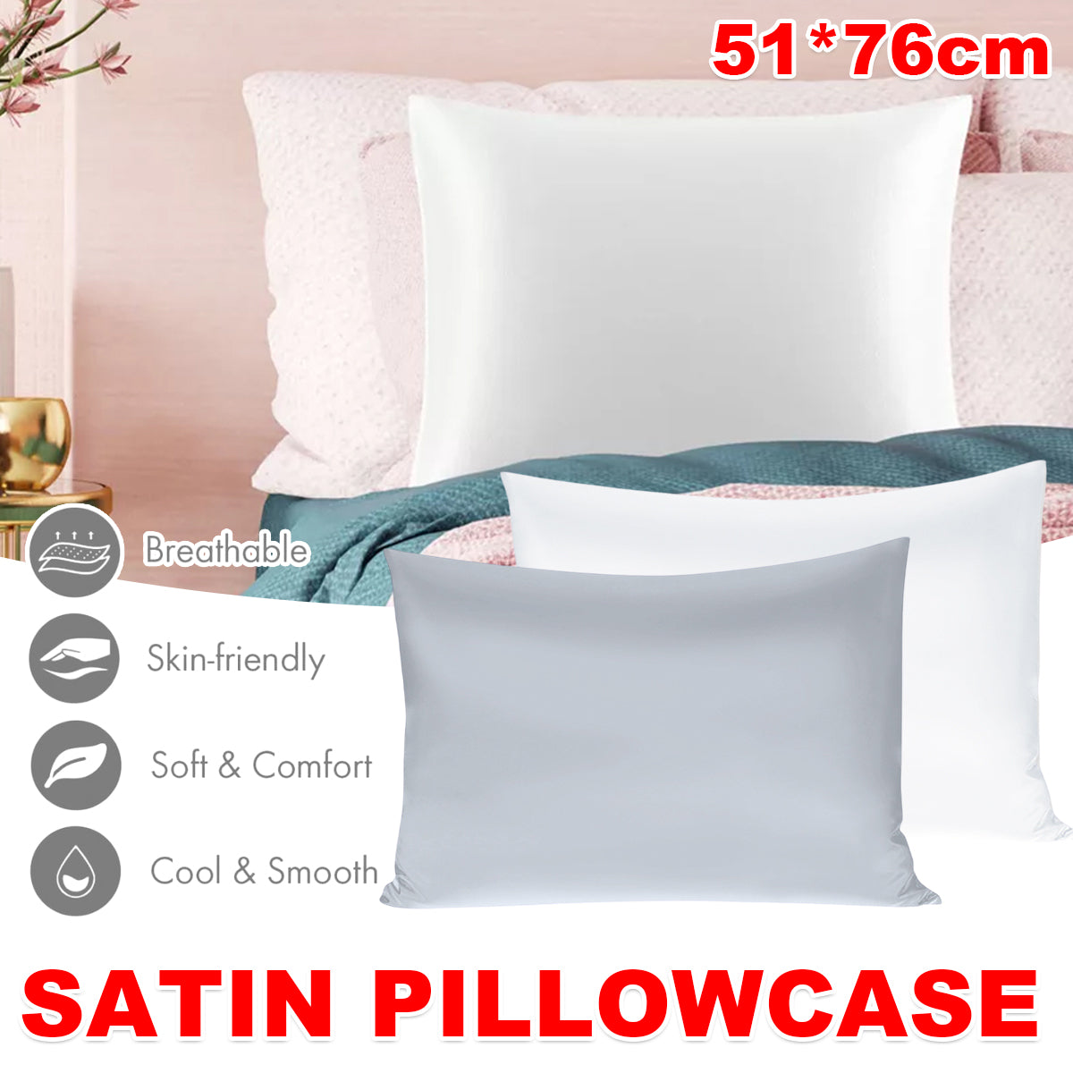 V528-PILLOWCASE-SILVER-51-76-119302-202510010027-00 Silk Envelope Pillowcase Soft Satin Protective Cover for Bed Sleep Comfort - Silver - Image 1