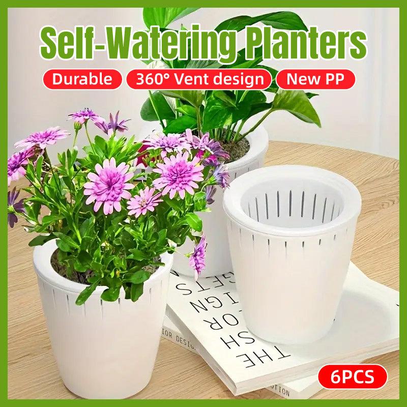 V528-POT-6PCS-WHITE-544790-202509251610-00 6pcs Self Watering Flowerpot Breathable Planter Indoor Outdoor Garden Basin - Image 1