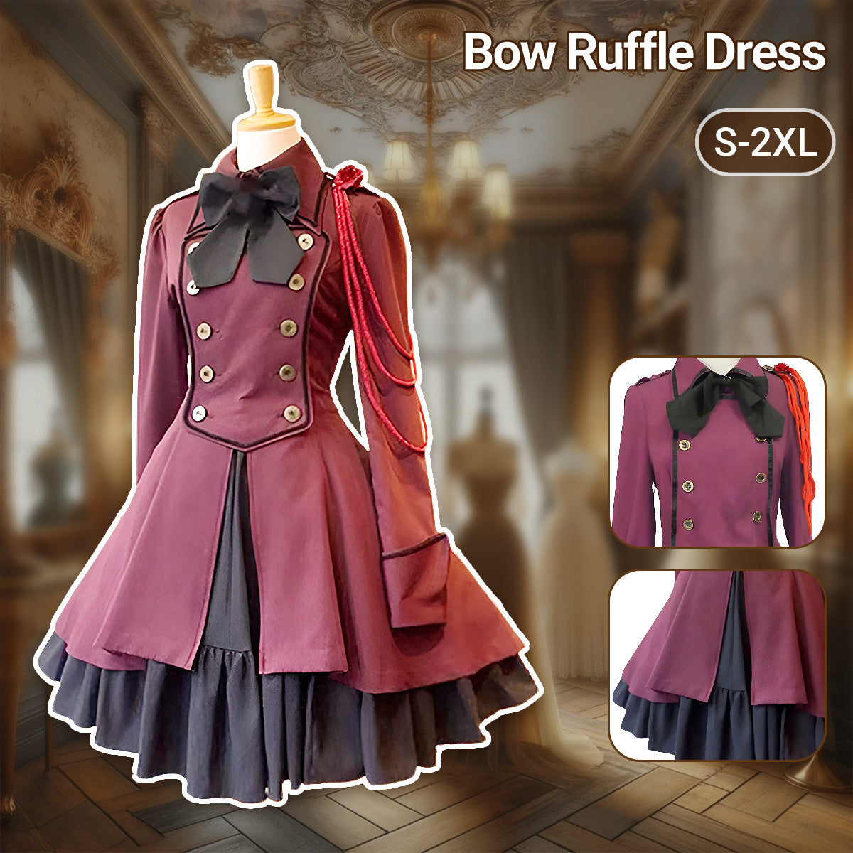 V528-RED-2315-L-816961-202510010945-00 Gothic Renaissance Dress Ruffled Long Sleeve Medieval Cosplay Steampunk Gown - L - Image 1