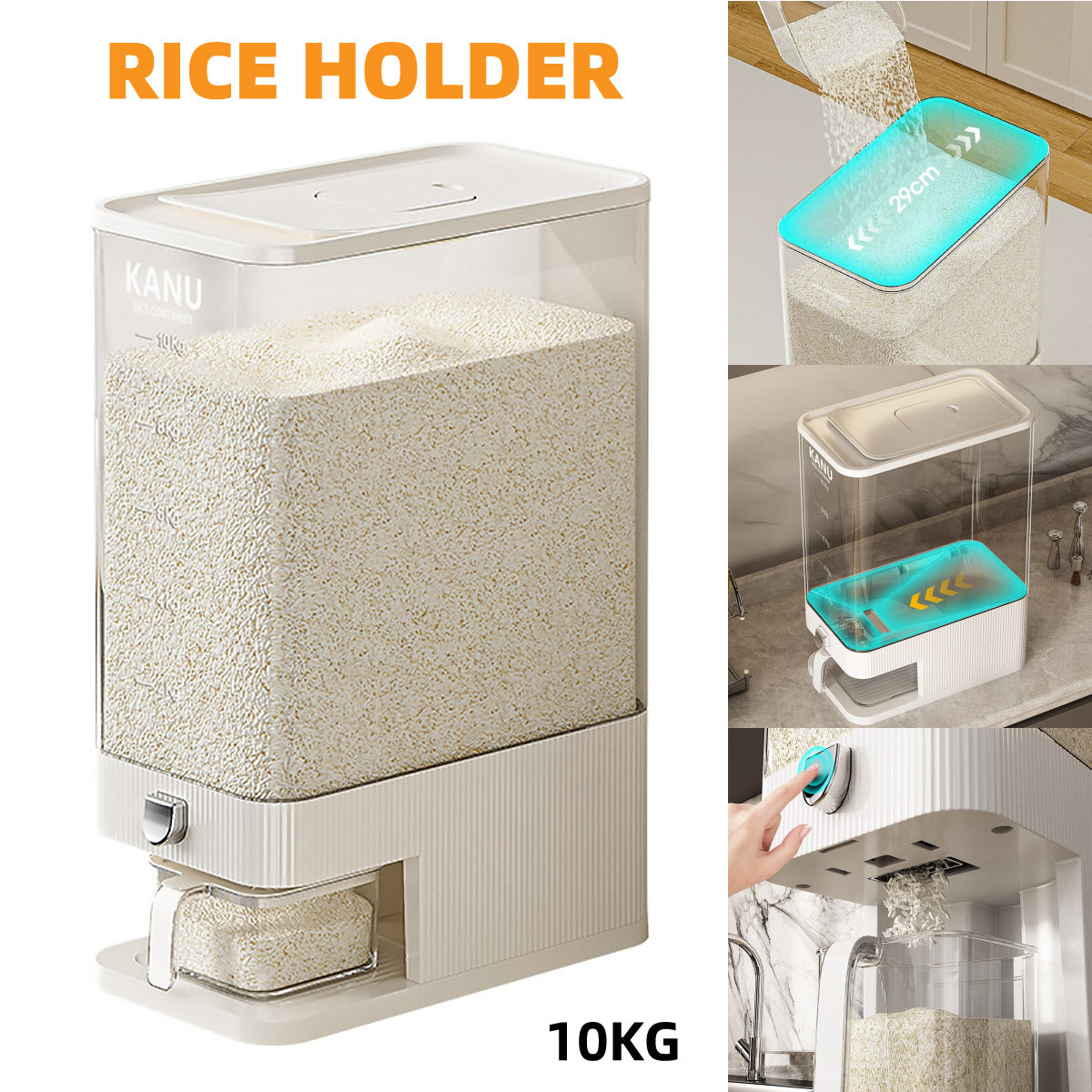 V528-RICE-BUCKET-344941-202509291845-00 Rice Cereal Dispenser 10KG Grain Container Auto Food Storage Box Measuring Cup - Image 1