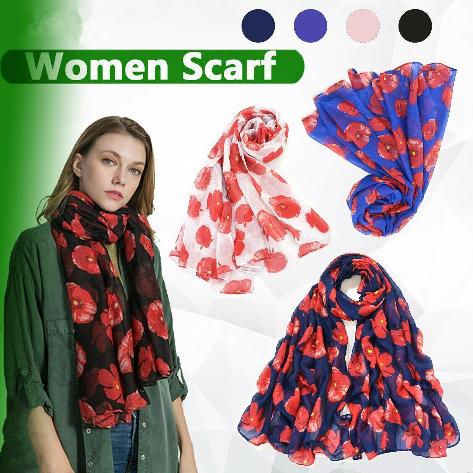 V528-SCARF-WHITE-26122-202509251345-00 Women Ladies Poppy Print Floral Scarf Remembrance Day Poppies Scarves Wrap Shawl - White - Image 1