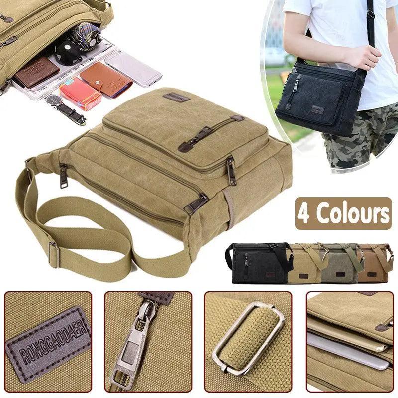 V528-SHOULDERBAG-BROWN-863869-202509301945-00 Retro Canvas Messenger Shoulder Bag for Men Travel Crossbody Satchel with Zippers - Coffee - Image 1