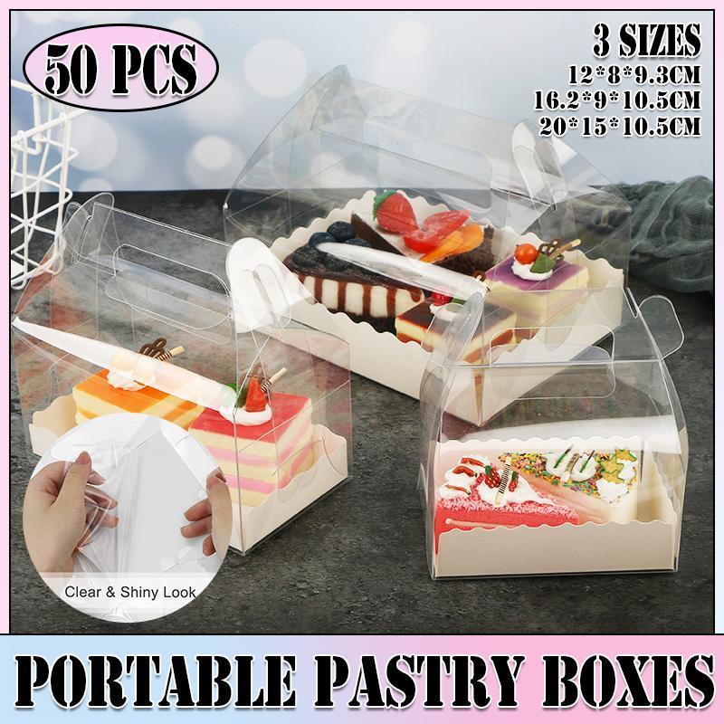 V528-SQ298-MSH-CLEAR-XL-50PCS-233667-202509190936-00 50PCS Portable Pastry Boxes Portable Cake Box Paper Cookie Boxes Sandwich Box - L-Transparent+White inner tray - Image 1