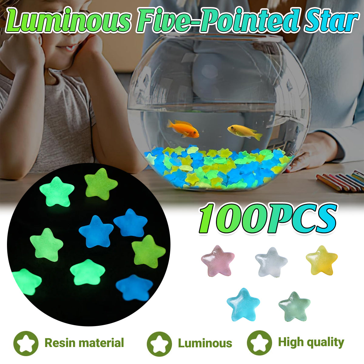 V528-STAR-COLOURFUL-100PCS-936124-202509291527-00 Luminous Stars Set 100PCS Fluorescent Five Pointed Plastic Stars DIY Decor - Image 1