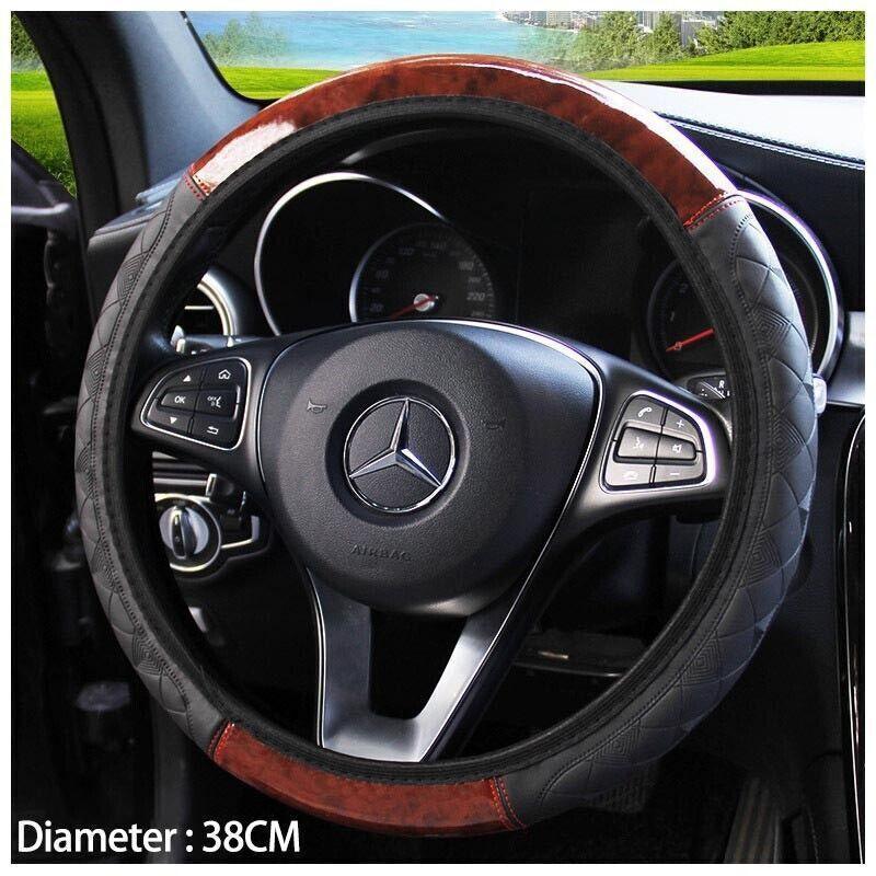 V528-STEERINGWHEELCOVER-WOOD-679652-202509250930-00 PU Leather Car Steering Wheel Cover With Mahogany Pattern 38cm Anti Slip Grip - Image 1