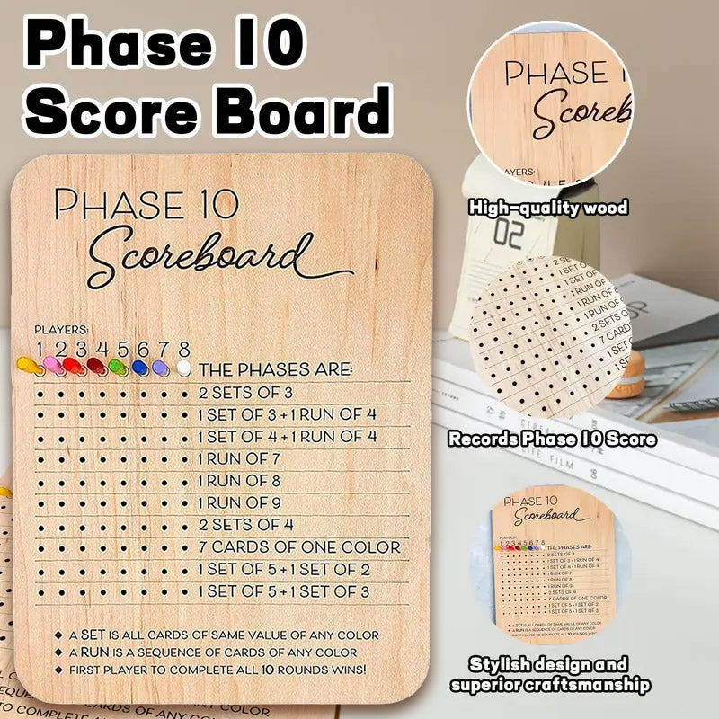 V528-TRAY-A-135391-202509251515-00 Phase 10 Score Board Wooden Phase 10 Scorecard Reusable for Family Game Tabletop - Image 1