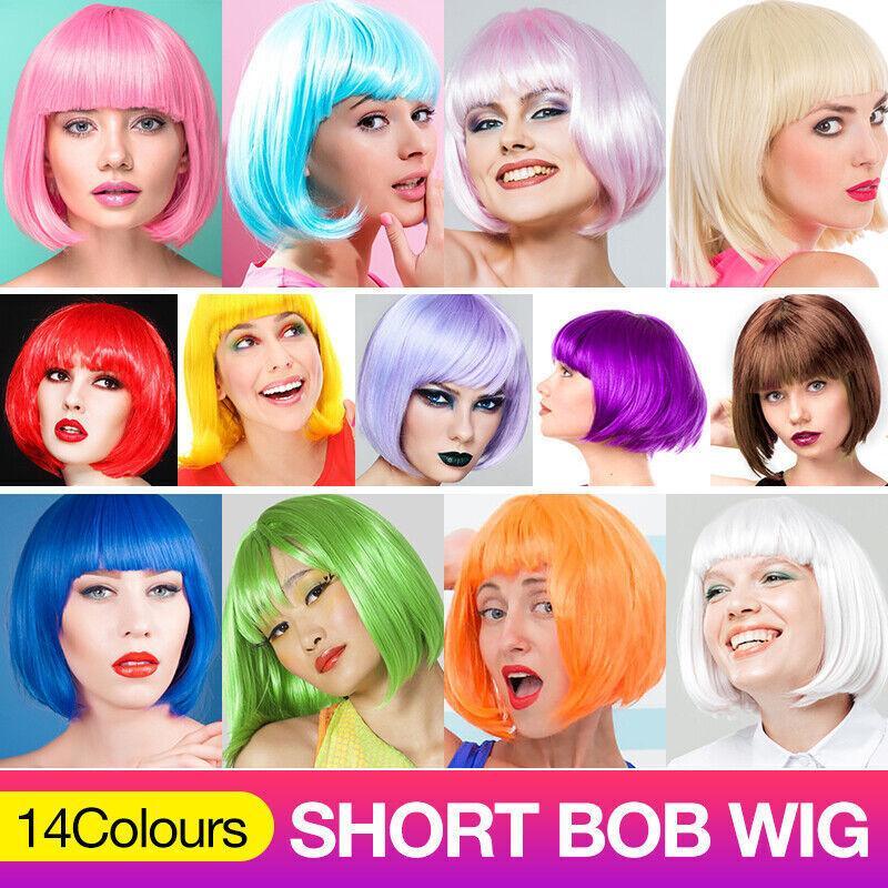 V528-WIGS-BROWN-589272-202509301618-00 Short Bob Wig with Bangs for Women Synthetic Cosplay Party Hair in 14 Colours - Brown - Image 1