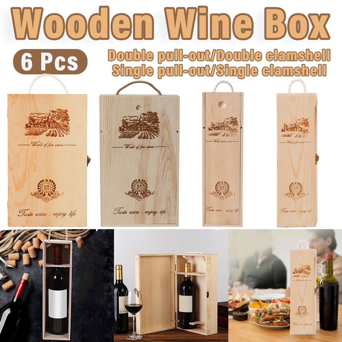 V528-WINEBOX-6PCS-DOUBLE-703096-202509301945-00 6pcs Red Wine Wooden Gift Box Packaging Storage Box for Wine Bottle Gifts - Double clamshell - Image 1