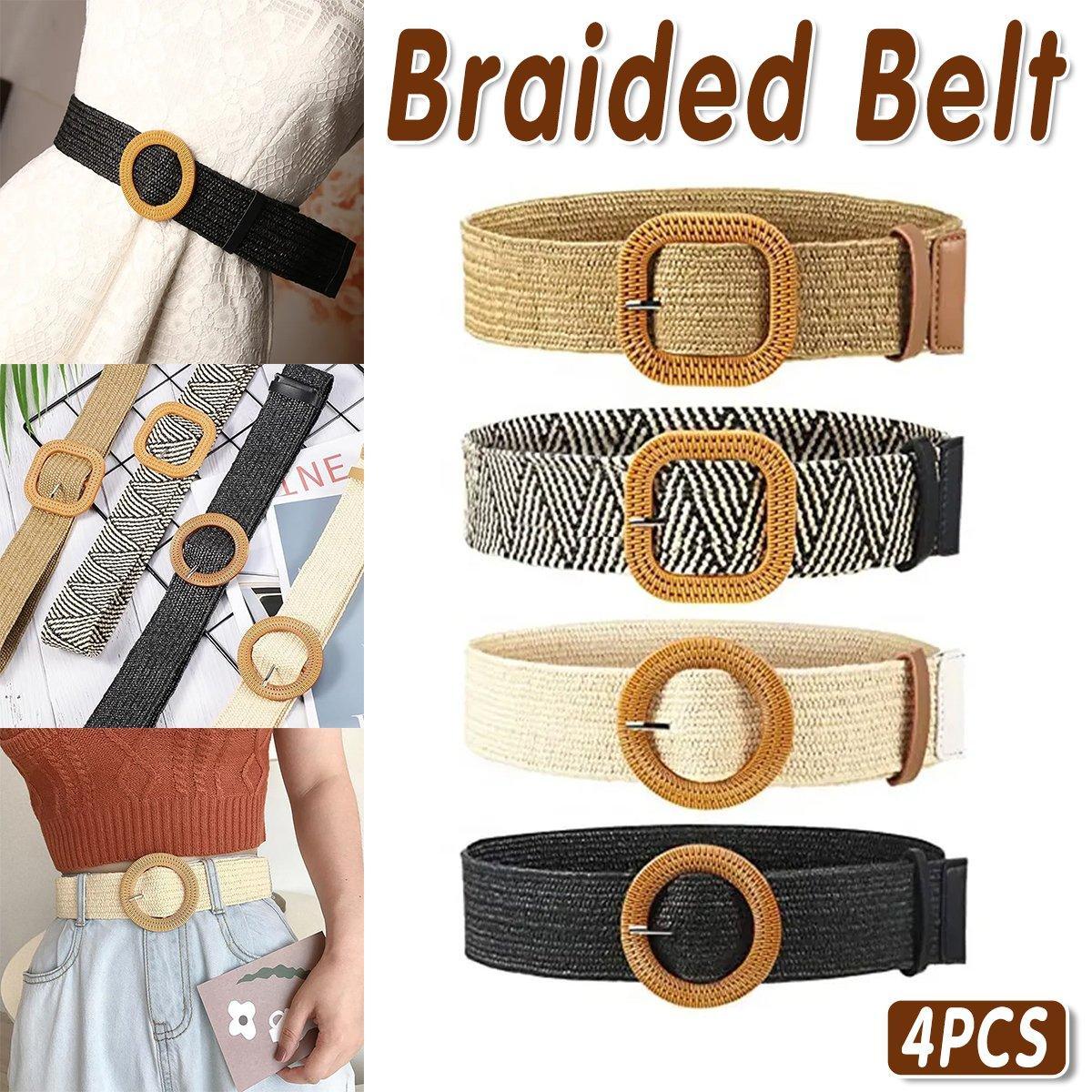 V528-WOVEN-BELT-4PCS-882363-202509291709-00 4PCS Womens Woven Cotton Linen Belt Set Round Square Buckle Long Shirt Dress - Image 1