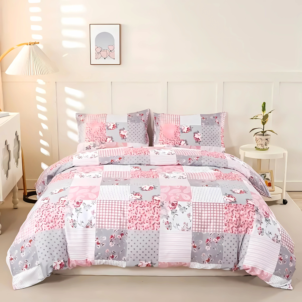 V535-QC-SOFT-PINK-PLAID-Q-202508221310-00 Dreamfields - Soft Pink Plaid Quilt Cover Set - (3pcs, Queen Size) - Image 1