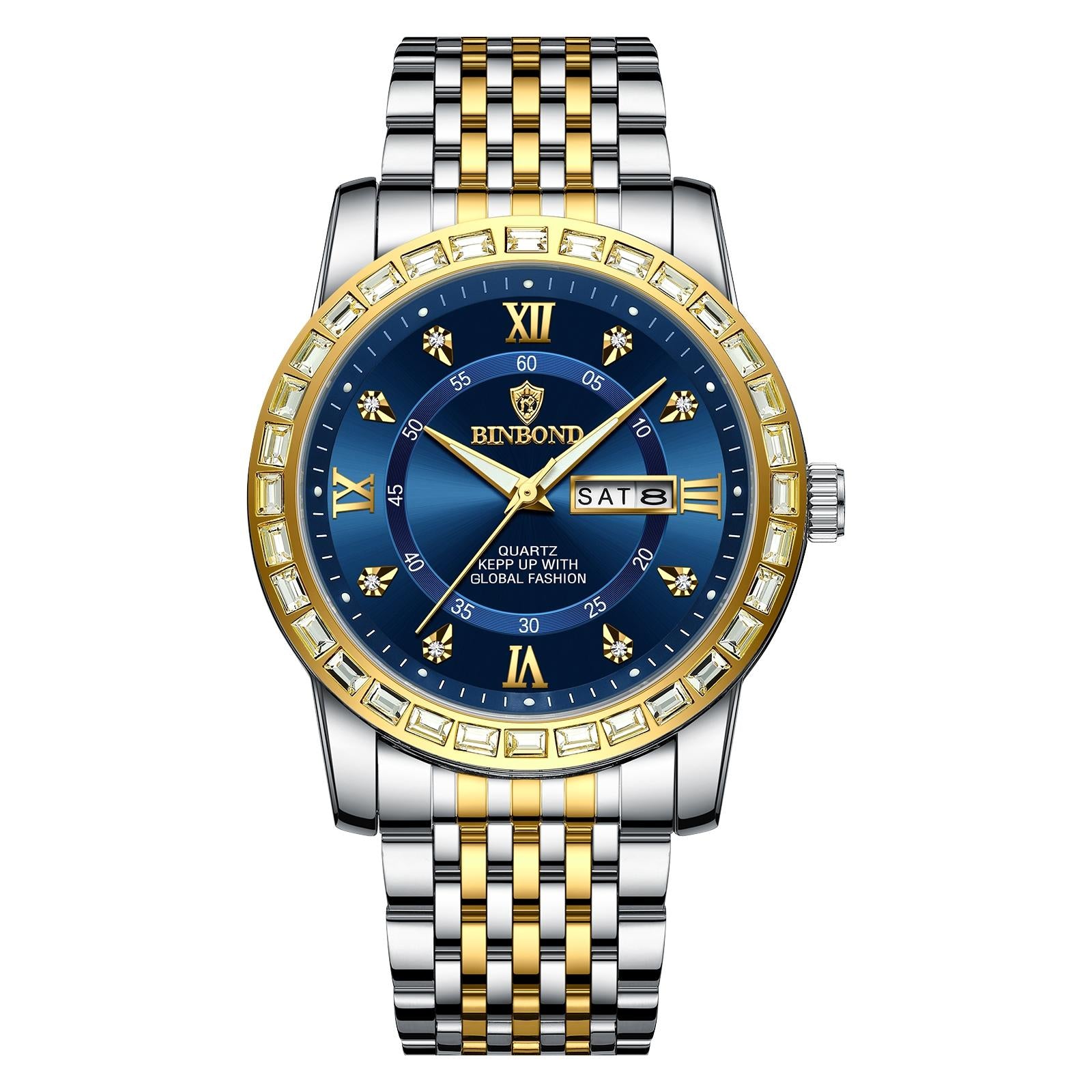 V562-1096384060DBT-202508290825-00 Diamond Dual-calendar Luminous Quartz Watch - B2202 - Inter-Gold-Blue - Image 1