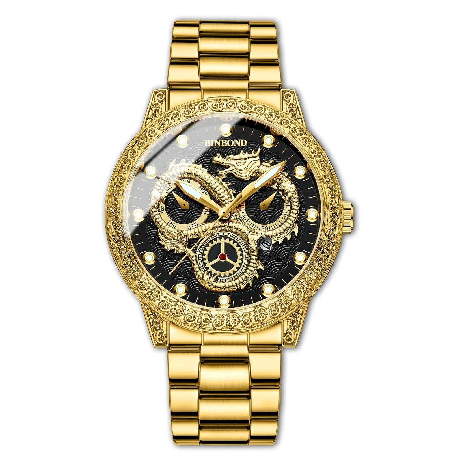 V562-2041454060DBT-202508290903-00 Dragon Embossed Luminous Waterproof Watch - Quartz - Full-Gold Black - Image 1