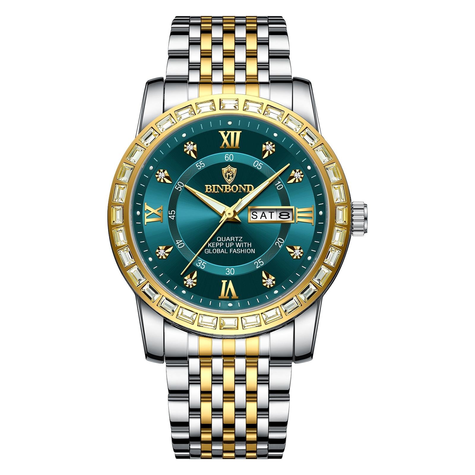 V562-2096384060DBT-202508290826-00 Diamond Dual-calendar Luminous Quartz Watch - B2202 - Inter-Gold-Green - Image 1