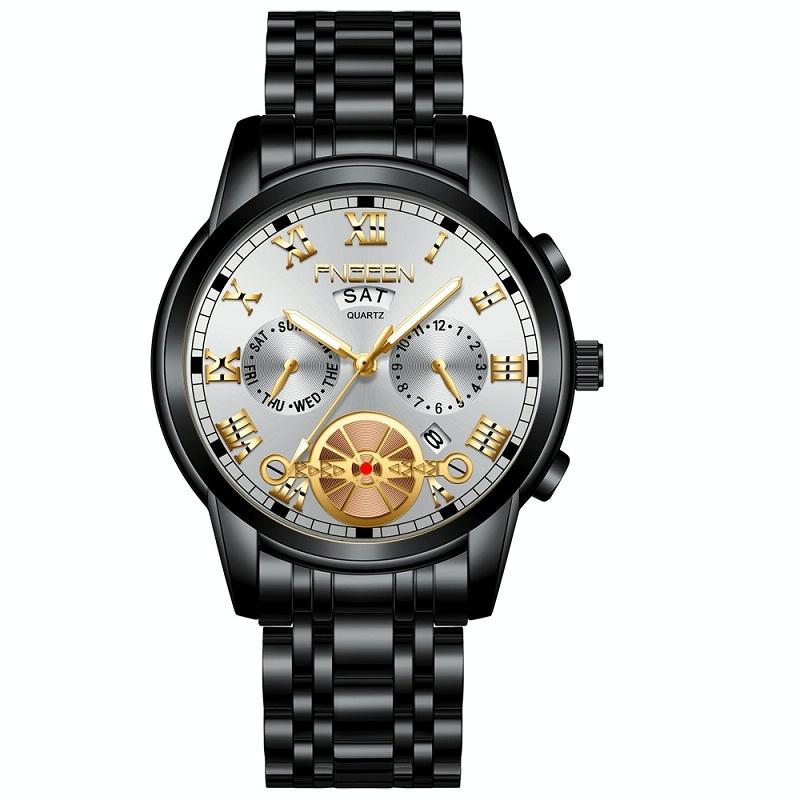 V562-3177801650DBT-202508271611-00 Men Multi-function Quartz Watch - Black Steel with White Face and Gold Accents - Image 1