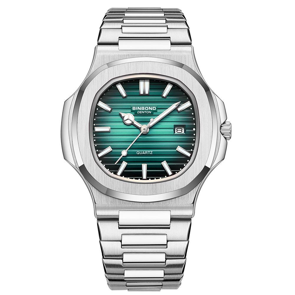 V562-4056354060DBT-202508282045-00 Retro Luminous Square Men Quartz Watch - 30m Waterproof - White Steel-Green - Image 1