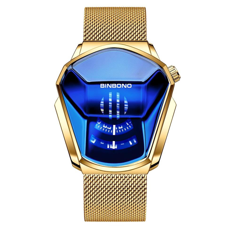 V562-A1005754240DBT-202508281440-00 Black Technology Men Watch with Locomotive Concept - Gold Net Belt-Full Gold-Blue Face - Image 1