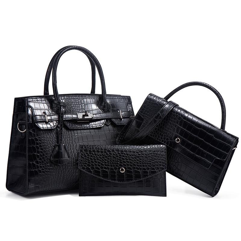 V562-A1039823060DBT-202508281921-00 Large Capacity 3-in-1 Crocodile Print Crossbody Tote - Diagonal Design - Black - Image 1