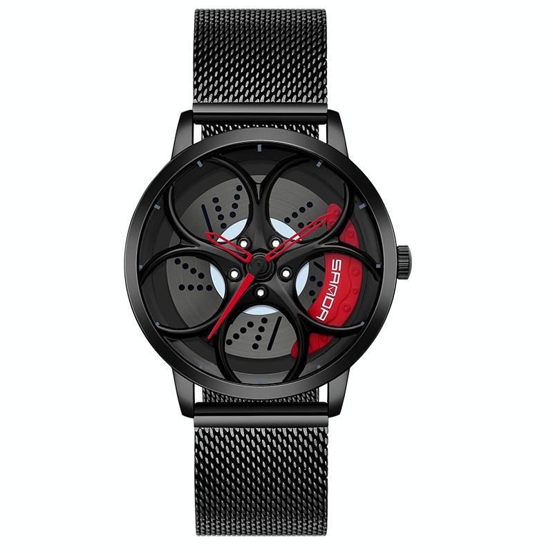 V562-A303432200ADE-202508281715-00 Men Mesh Belt Quartz Watch with 3d Oval Hollow out Wheel - Black Red - Image 1