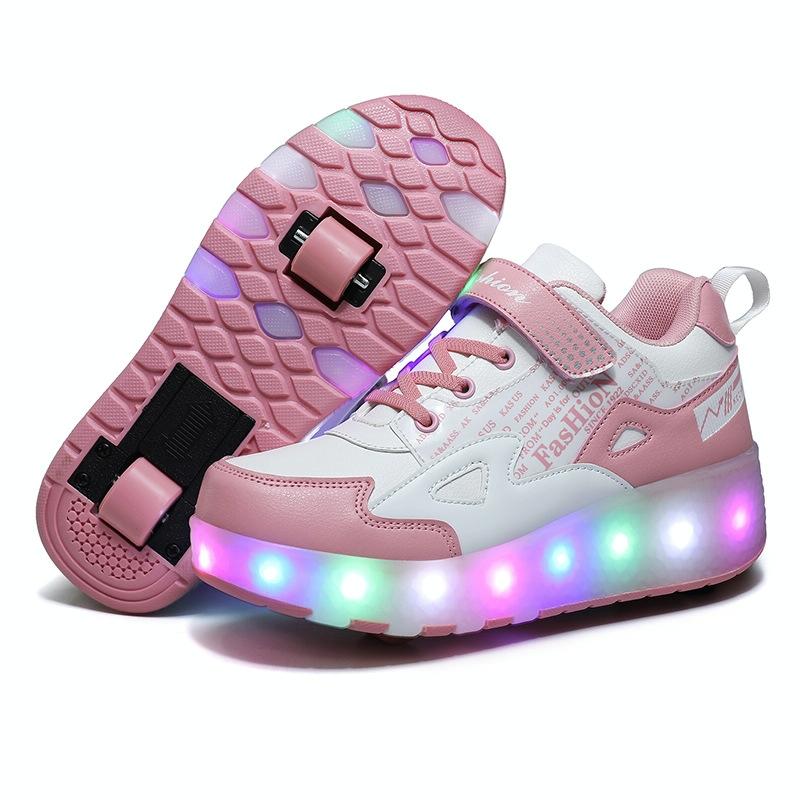 V562-A7009322550DBT-202508281836-00 Rechargeable Light Wheel Skating Shoes for Kids - Size 33 Two-wheeled - Pink - Image 1