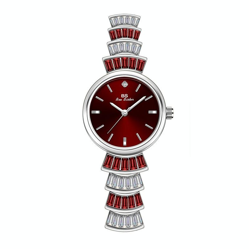 V562-B1012252060DBT-202508281520-00 Women Diamond Symphony Wrist Watch with Inlaid Diamonds - Silver -Red - Image 1