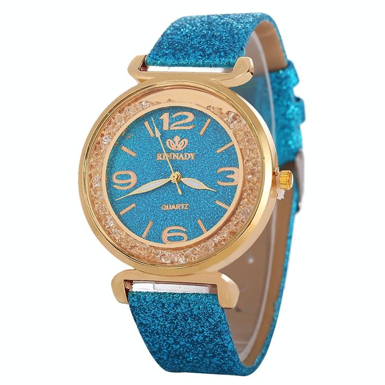 V562-B104668250DBT-202508280930-00 Gold Rhinestone Quartz Watch with Pu Leather Strap for Women - Blue - Image 1