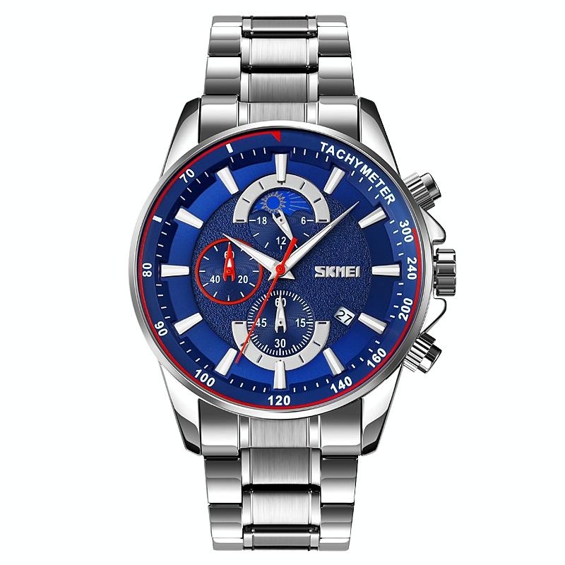 V562-B107739100ADE-202508281825-00 Stainless Steel Men Moonphase Watch with Date - Silver Blue - Image 1