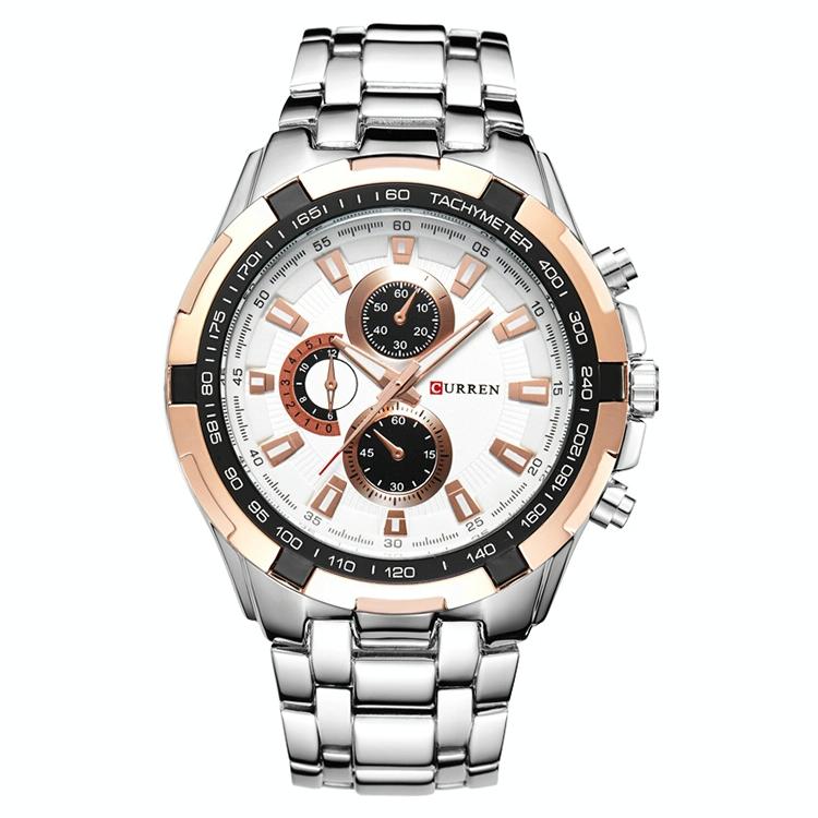 V562-B1082561020DBT-202508281726-00 Stainless Steel Men Analog Sport Watch - 8023 - Silver Case Gold Face - Image 1