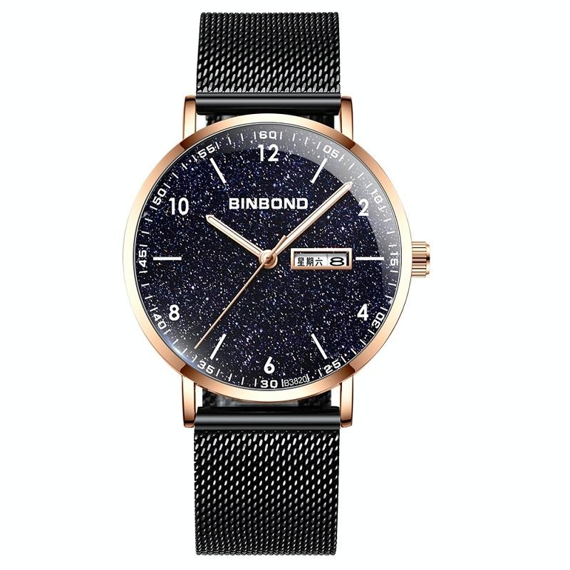 V562-B1090792650DBT-202508281826-00 Starry Sky Pattern Quartz Watch for Men - Simple & Luminous - Black Mash Rose Shell Rose Gold Nails - Image 1