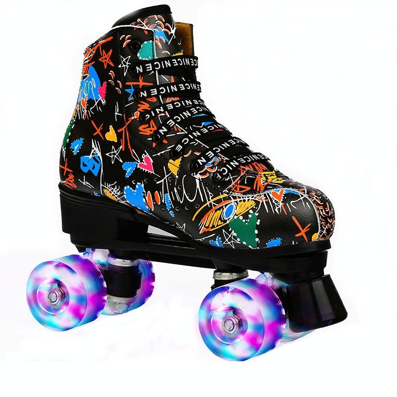 V562-B1127795650DBT-202508281640-00 Adult Graffiti Double Row Roller Skates - Size 44 - Flash Wheel Black - Image 1