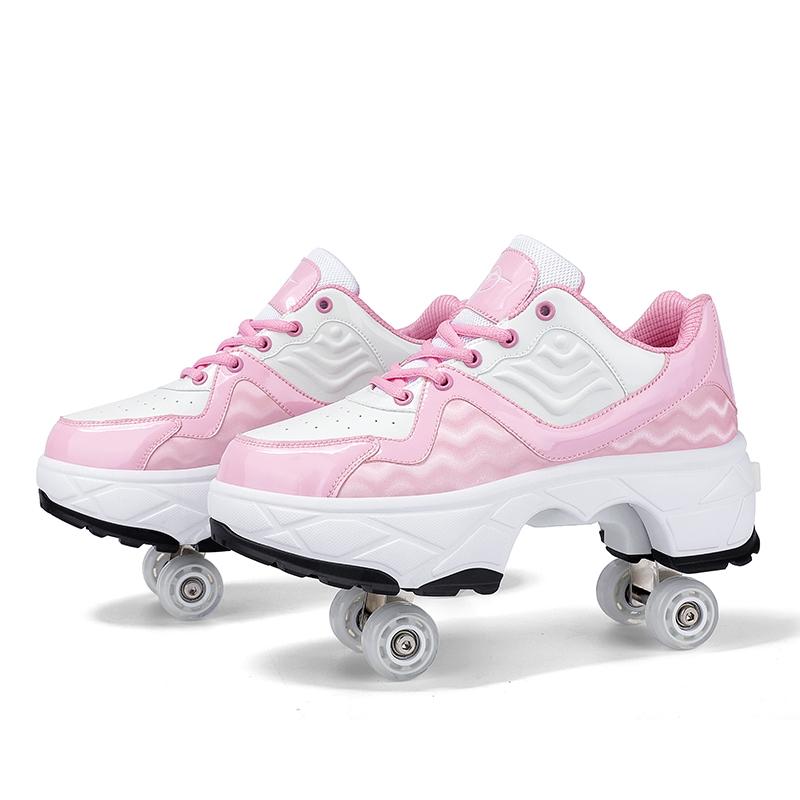 V562-C1002194060DBT-202508281520-00 Retractable Dual-purpose Roller Skates - Size 33 Deformable Four-wheel - Df09 Pink - 33 - Image 1