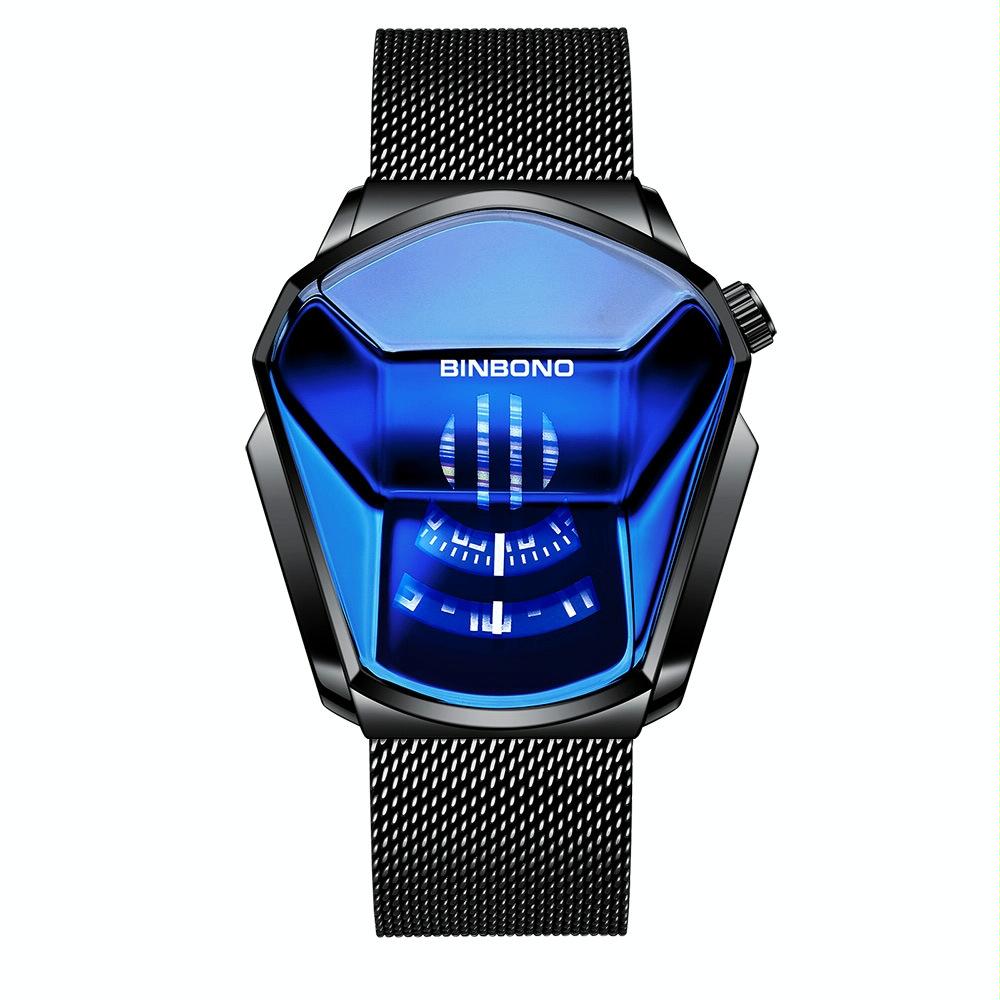V562-C1005754240DBT-202508281435-00 Black Technology Men Watch with Locomotive Concept - Black Net Belt-Black Steel-Blue Face - Image 1