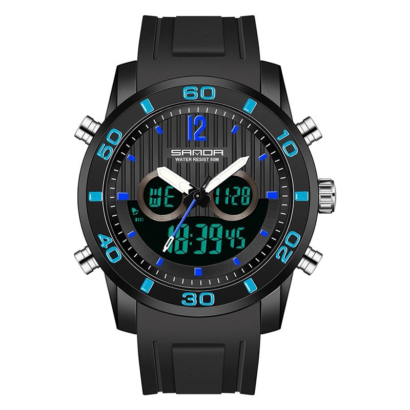 V562-C100800200ADE-202508280425-00 Men Outdoor Sports Shockproof Electronic Watch with Dual Digital Display and Luminous Feature - Black Blue - Image 1