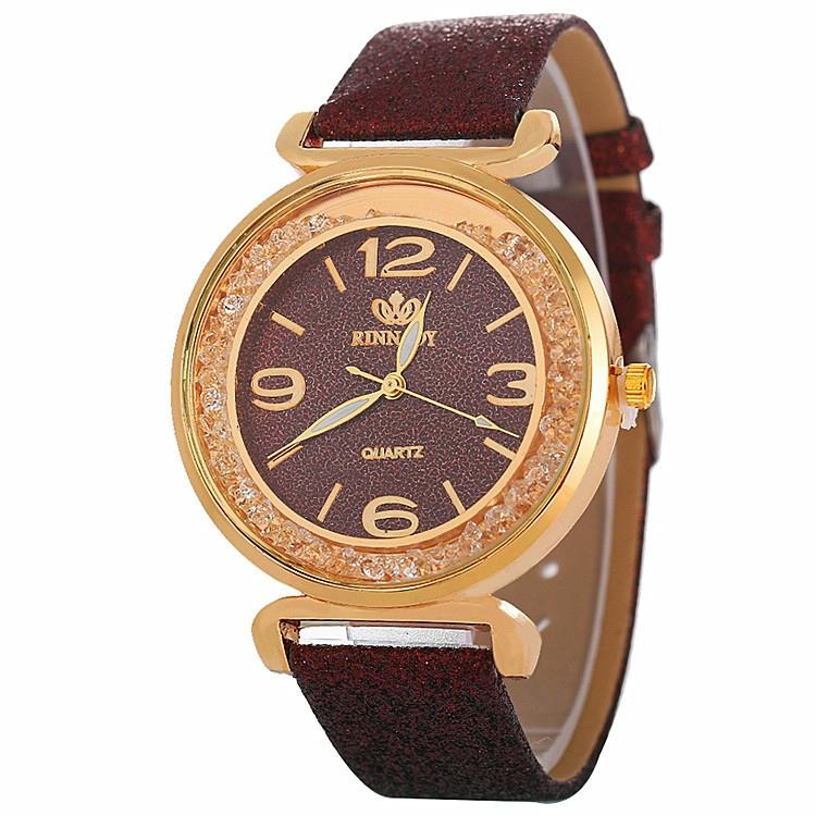 V562-C104668250DBT-202508280932-00 Gold Rhinestone Quartz Watch with Pu Leather Strap for Women - Brown - Image 1