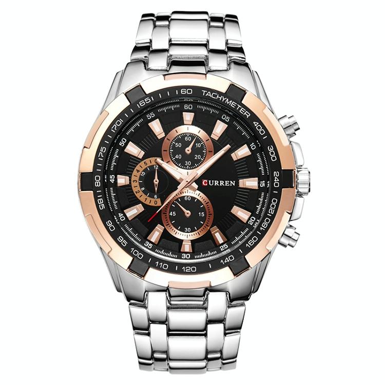 V562-C1082561020DBT-202508281730-00 Stainless Steel Men Analog Sport Watch - 8023 - Silver Case Gold Ring Black Face - Image 1