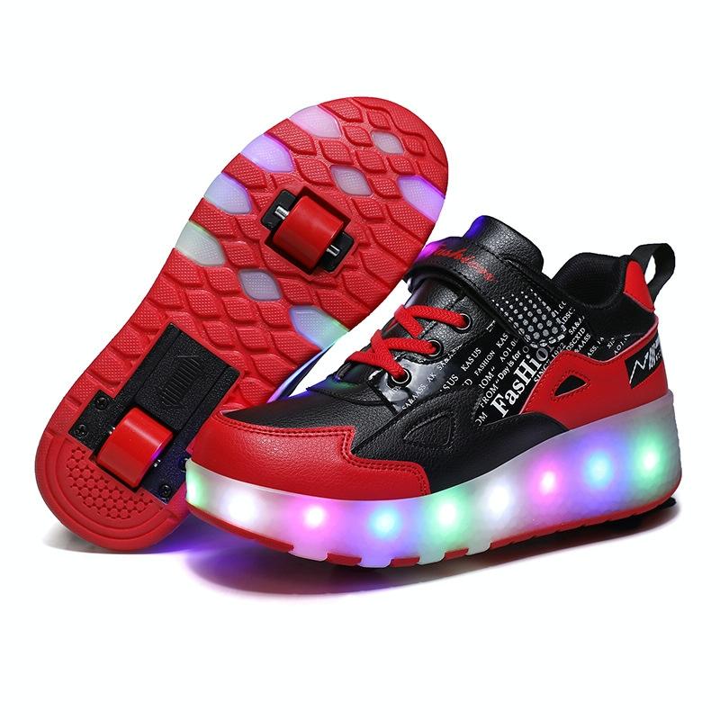 V562-C4009322550DBT-202508281135-00 Rechargeable Light Skating Shoes for Kids - Size 30 Two-wheeled - Black And Red - Image 1