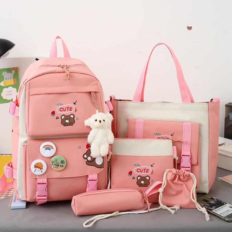V562-D101676500ADE-202508282041-00 Adorable 5-piece Girls Backpack Set with Bear Design - Pink - Image 1