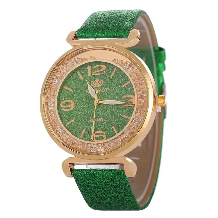 V562-D104668250DBT-202508280936-00 Gold Rhinestone Quartz Watch with Pu Leather Strap for Women - Green - Image 1