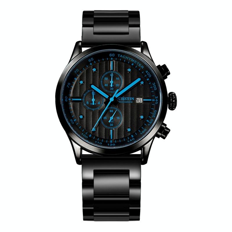 V562-D104840400ADE-202508281821-00 Stylish Multifunctional Men Quartz Watch with Steel Strap - Black Blue - Image 1