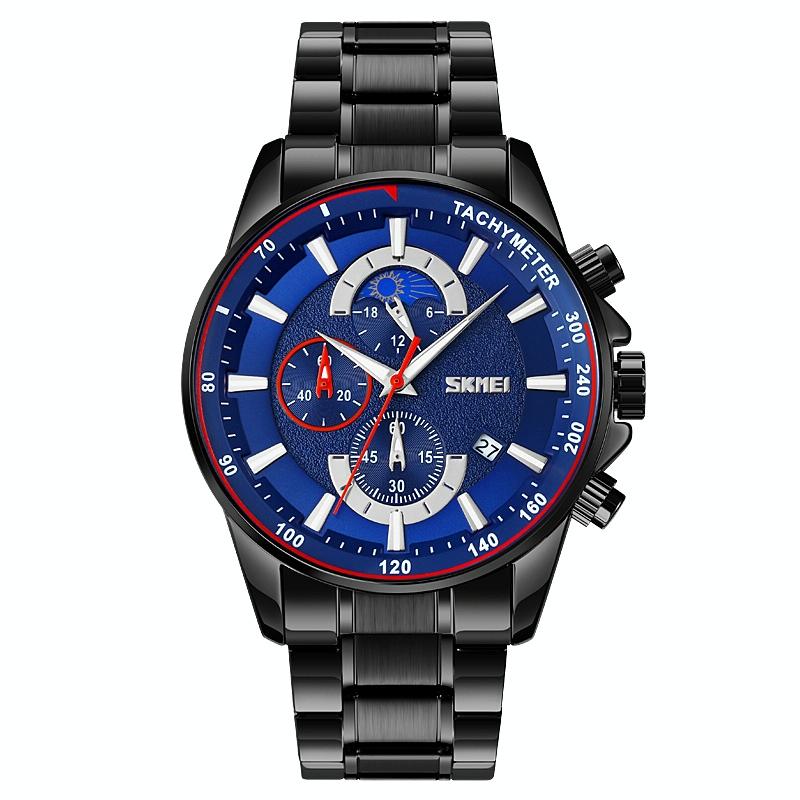 V562-D107739100ADE-202508281825-00 Stainless Steel Men Moonphase Watch with Date - Black Blue - Image 1