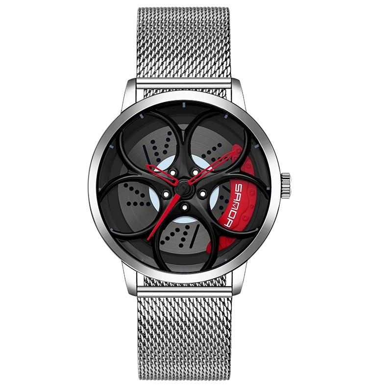 V562-E303432200ADE-202508281716-00 Men Mesh Belt Quartz Watch with 3d Oval Hollow out Wheel - Silver Red - Image 1