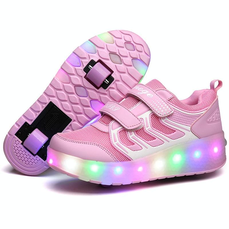 V562-F0793GO-202508281545-00 Rechargeable Double Wheel Roller Skating Shoes - Ultra Light Mesh - Size 38 - Pink - Image 1