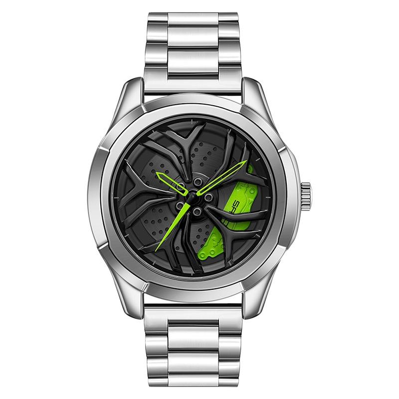 V562-F1000461950DBT-202508282135-00 Men Casual Steel Band Quartz Watch - P1065 Wheel Series - Silver Green - Image 1