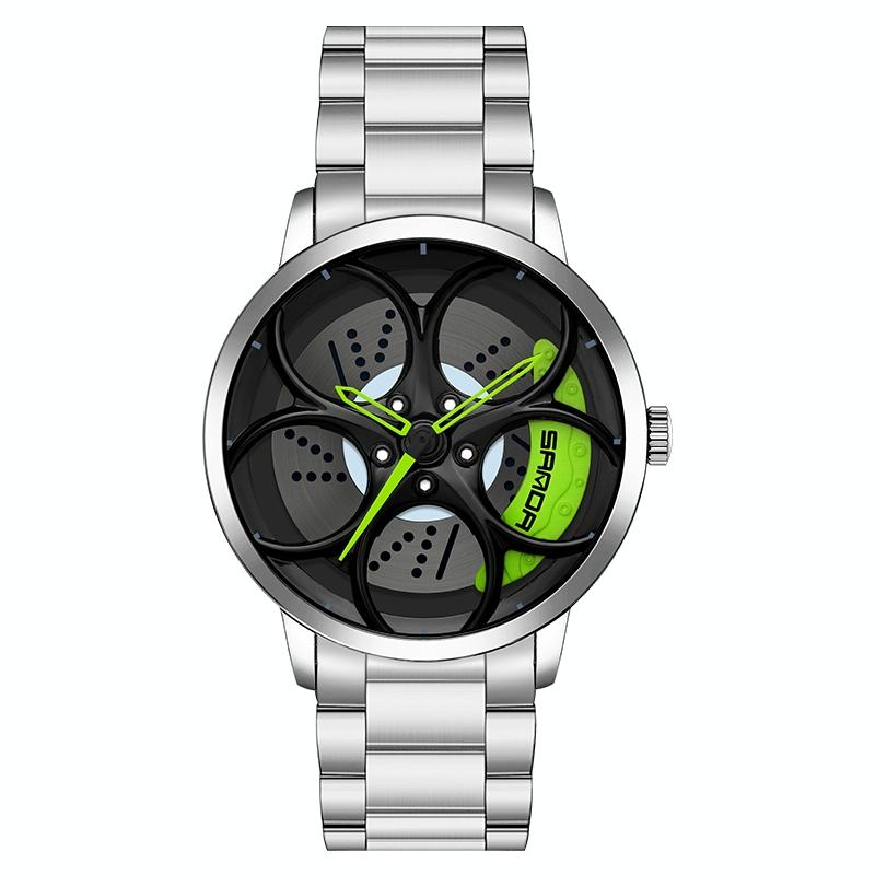 V562-F103432200ADE-202508282020-00 Men Steel Belt Quartz Watch with 3d Oval Hollow out Wheel - Silver Green - Image 1