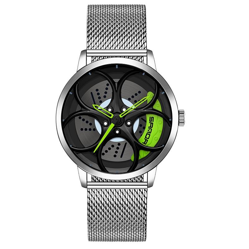 V562-F303432200ADE-202508281716-00 Men Mesh Belt Quartz Watch with 3d Oval Hollow out Wheel - Silver Green - Image 1