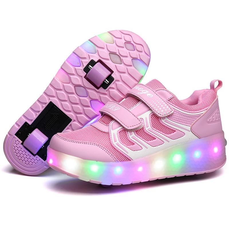 V562-F5693GO-202508281340-00 Rechargeable Double Wheel Roller Skating Shoes - Ultra Light Mesh - Size 33 - Pink - Image 1