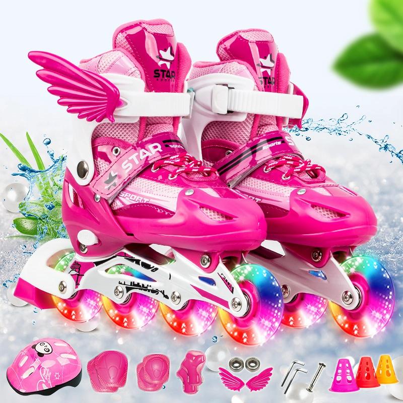 V562-F5783GO-202508281025-00 Adjustable Kids Roller Skates Set - Full Flash Single Four-wheel - Size l - Pink - Image 1