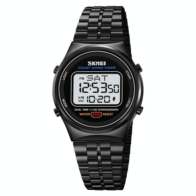 V562-G100827500ADE-202508290116-00 Waterproof Multifunctional Men Digital Watch - Luminous Stainless Steel - 30m - Black White - Image 1