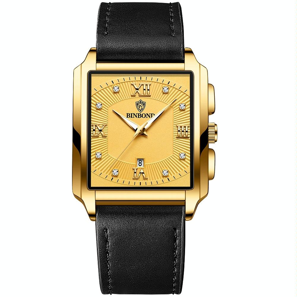 V562-G1013533060DBT-202508281036-00 Waterproof Men Quartz Watch - Rectangular Outdoor Design - Black Leather-Full Gold-Gold - Image 1